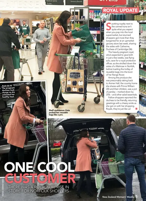  ??  ?? Aisle do it! The pregnant duchess took charge as she unloaded her healthy haul. Shelf confidence: Kate packed her reusable bags like a pro.