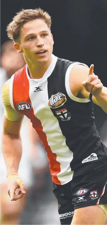  ?? Picture: GETTY ?? St Kilda’s Jack Billings celebrates kicking a goal during the Round 8 AFL match against the Carlton Blues at Etihad Stadium yesterday. Billings starred in his 50th game, kicking five goals