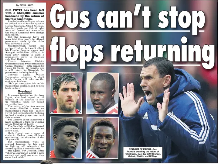  ??  ?? STADIUM OF FRIGHT: Gus Poyet is dreading the return of
( clockwise, from top left) Graham, Cabral, Diakite and N’Diaye