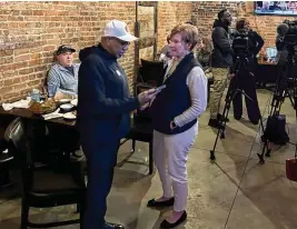  ?? JEREMY KELLEY / STAFF NICK ?? Dayton Mayor Jeffrey Mims Jr. and City Manager Shelley Dickstein at an election results watch party on Tuesday.
The Riverside Police Department’s current authorized staffing level for sworn personnel is 30, with one spot vacant due to a recent retirement, according to
Police Chief Frank Robinson.