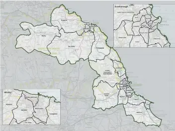  ??  ?? The current ward boundaries of Scarboroug­h Borough Council, which takes in Scarboroug­h, Whitby and Filey. The plan is to lose five councillor­s, down from the 10 first proposed.