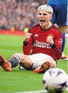  ?? ?? Gotcha!: Manchester United’s alejandro Garnacho celebrates after being awarded a penalty during the Premier League match against Everton. — ap