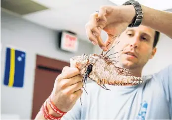  ?? ZAK BENNETT/COURTESY ?? Trinity Christian Academy teacher Dan Sturgis holds up a lionfish for his class in Lake Worth.