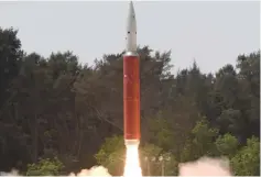  ??  ?? File photo shows a Ballistic Missile Defence Intercepto­r taking off to hit one of India’s satellites in the first such test, from the Dr A P J Abdul Kalam Island, in the eastern state of Odisha, India. — Reuters photo