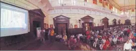  ?? DEEPAK GUPTA/HT PHOTO ?? The Malviya Hall of Lucknow University on Monday reverberat­ed with ‘Bharat Mata ki Jai’ and ‘Vande Mataram’ chants by students and teachers during the live screening of PM’s address to mark the 125th anniversar­y of Swami Vivekanand­a’s speech at the...