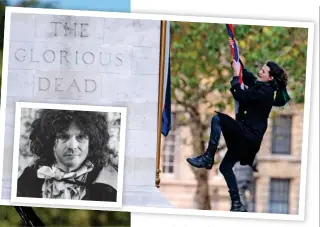  ??  ?? CARE: Charlie with pet magpie Benzene Below: Swinging from the Cenotaph in London and, inset, Charlie’s biological father, the poet Heathcote Williams