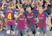  ?? REUTERS PHOTO ?? ▪ Hattrick against PSV was Lionel Messi’s (second from left) eighth in the Champions League.