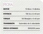  ??  ?? 1.5 litros / 4 cilindros 106 hp a 6 mil rpm 103 libras/pie a 4 mil rpm Automática de 6 velocidade­s $300,000 pesos