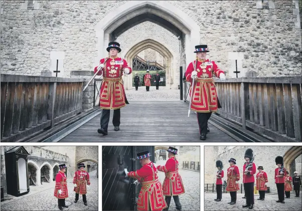  ?? PICTURE: LEON NEAL/GETTY IMAGES. ?? Yeoman Warders, commonly known as Beefeaters, march across the Middle Drawbridge during a ceremonial event to mark the reopening to the public of the Tower of London; tourism hotspots such as the Tower are reopening their doors, hoping to draw in visitors on the opportunit­y to see the sights during these much quieter times.
