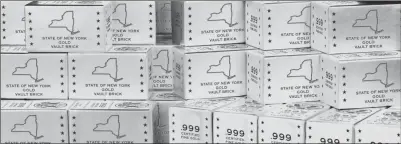  ??  ?? ■ FIRST LOOK INSIDE THE GOLD VAULT BRICKS: Pictured above are the Gold Vault Bricks containing the only Jumbo State Gold Bars known to exist bearing the name of the First Bank of the United States of America and the state they were once destined for. State residents are rushing to get them because the Gold Vault Bricks are still loaded with four 5-ounce Jumbo State Bars layered in valuable 24 Karat Gold. Everyone lucky enough to get them better hold on to them because there’s no telling just how much they could be worth.