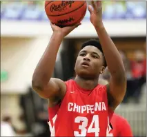  ?? ?? Jordan Wright of Chippewa Valley takes a free throw during a MAC Red Division game at Dakota on Friday.