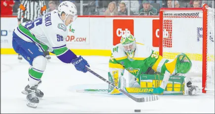  ?? Matt Krohn
The Associated Press ?? Canucks left wing Andrei Kuzmenko prepares to shoot against Wild goalie Filip Gustavsson in Minnesota’s 2-1 shootout victory Saturday at Xcel Energy Center.