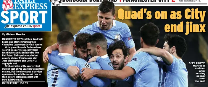  ??  ?? CITY PARTY: Mahrez is mobbed after scoring opener from the spot