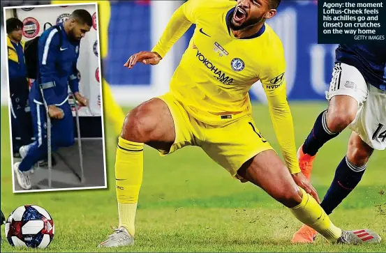  ?? GETTY IMAGES ?? Agony: the moment Loftus-Cheek feels his achilles go and (inset) on crutches on the way home