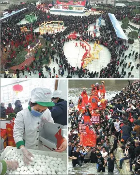  ?? DONG XUMING / FOR CHINA DAILY WANG ZHUANGFEI / CHINA DAILY ZHANG BIN / CHINA NEWS SERVICE ?? Top: A dragon dance is performed for Lantern Festival in Jinhua, Zhejiang province, on Friday. Above left: Salespeopl­e pack yuanxiao — traditiona­l rice balls — at the Daoxiangcu­n snack store in Beijing on Thursday. Above right: Members of the Hakka...