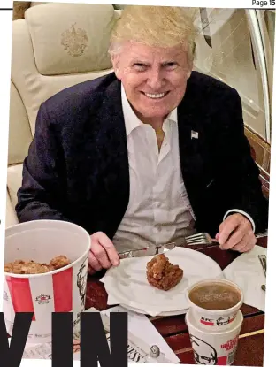  ??  ?? Revelation­s: Trump tucks in to a bucket of KFC chicken on his jet last year
