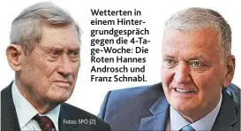  ??  ?? Wetterten in einem Hintergrun­dgespräch gegen die 4-Tage-Woche: Die Roten Hannes Androsch und Franz Schnabl. Fotos: SPÖ (2)