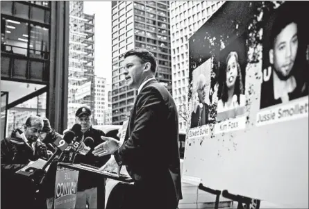  ?? ZBIGNIEW BZDAK/CHICAGO TRIBUNE ?? Bill Conway, a candidate for Cook County state’s attorney, speaks Thursday in front of the Cook County Building in Chicago.