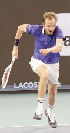  ?? — USA Today Sports ?? Daniil Medvedev chases a shot against Nicolas Jarry (CHI) during the quarterfin­al of the Miami Open at Hard Rock Stadium.