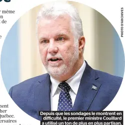  ??  ?? Depuis que les sondages le montrent en difficulté, le premier ministre Couillard a utilisé un ton de plus en plus partisan.