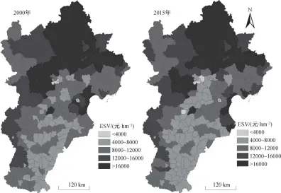  ??  ?? 图 5 2000—2015 年京津冀地区生态系统­服务地均价值Fig. 5 Total and average value of ecosystem services in Beijing-tianjin-hebei region from 2000 to 2015