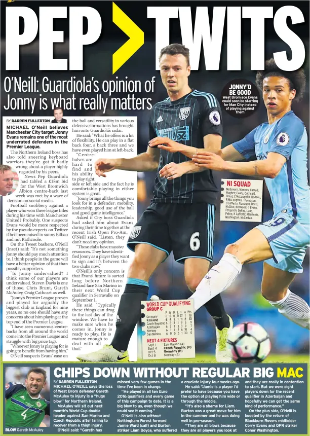  ??  ?? BLOW Gareth Mcauley JONNY’D BE GOOD West Brom ace Evans could soon be starring for Man City instead of playing against them NI SQUAD Mcgovern, Mannus, Carroll, Hughes; Evans, Cathcart, Brunt, C Mclaughlin, Hodson, R Mclaughlin, Thompson, D Lafferty,...