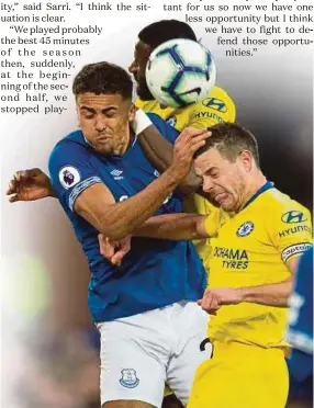  ?? EPA PIC ?? Everton’s Dominic Calvert-Lewin (left) vies for the ball with Chelsea players at Goodison Park on Sunday.