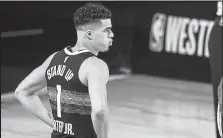  ?? Aaron Ontiveroz / The Denver Post ?? The Nuggets’ Michael Porter Jr. looks on during Thursday’s Game 4 of the Western Conference Finals against the Lakers at Adventheal­th Arena at ESPN Wide World of Sports Complex in Lake Buena Vista, Fla.