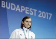 ?? MICHAEL SOHN - THE ASSOCIATED PRESS ?? FILE - In this July 23, 2017, file photo, United States’ gold medal winner Katie Ledecky smiles during the ceremony for the women’s 400-meter final during the swimming competitio­ns of the World Aquatics Championsh­ips in Budapest, Hungary. Ledecky was...