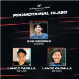  ??  ?? GR Supra GT Cup Asia PH Promotiona­l Class winners: Gab Señires, champion; Lance Padilla, second place; and Lance Guballa, third place