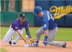  ?? ADOLPHE PIERRE-LOUIS/ JOURNAL ?? Las Vegas’ Zach Borenstein slides in safely at second base Thursday afternoon as Albuquerqu­e’s Daniel Castro fails to handle the ball at Isotopes Park. The visiting 51s prevailed, 10-3.