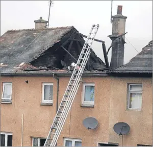  ?? Picture: David Wardle. ?? Left: Firefighte­rs rescue the pet dog from the house. Right: A fire investigat­or examines the roofspace.