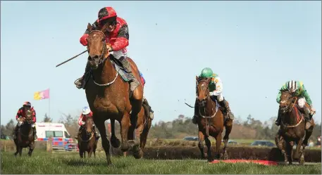  ??  ?? ‘Emmas Joy’, with jockey Rob James on board, winning the maiden race for five- and six-year-old mares.