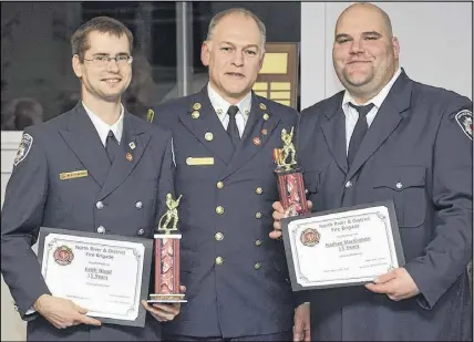  ?? CODY MCEACHERN/TRURO DAILY NEWS ?? Members of the North River Fire Brigade were honoured and presented awards for their hard work and dedication to the brigade at their 45th anniversar­y banquet on Saturday. Deputy Chief Guy Gallant (middle) presented members Keith Wood (left) and Nathan...