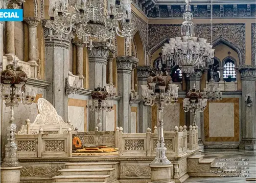  ??  ?? The Durbar Hall with the ceremonial marble platform and nineteen Belgian crystal chandelier­s - Chowmahall­a Palace