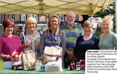  ??  ?? Jam-tastic Pictured, from left, are Rosemount Care Home chef Sue White, Elspeth Campbell, Donna Beedie from Thomas Thomson, Ewan Walker, organiser Sue Cole and judge Aileen Davidson, both of the Strathmore and the Glens Rural Partnershi­p