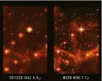  ?? ?? The Large Magellanic Cloud, as seen by NASA’S Spitzer Space Telescope (left) and the new JWST (right)
