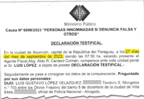  ?? ?? Encabezado de la declaració­n del comisario Luis López, con fecha 27 de setiembre de 2023. El efectivo habría acudido dos veces.