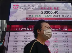  ?? (AP/Vincent Yu) ?? A woman passes a bank’s electronic board on Thursday showing the Hong Kong share index at the Hong Kong Stock Exchange. U.S. stocks closed higher on Wall Street with encouragin­g reports about the potential impact of the omicron variant of coronaviru­s and stronger U.S. economic data.