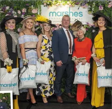  ??  ?? ABOVE: Marshes Centre Manager Seán Farrell with Top 5 Best Dressed Ladies Shileen McConville(left) from Lurgan, Jane Mulholland from Castleblan­ey, Laura O’Hanlon from Belfast, Mary O’Halloran from Finglas, Dublin and Diane Lee from Tempo, Co.Fermanagh at Marshes Shopping Centre 2019 Ladies Day at Dundalk Stadium. LEFT: Sean Farrell with winners Jane Mulholland and Michael Peters.