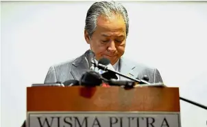  ?? — Bernama ?? Standing firm: Anifah briefing the media about recent developmen­ts with the North Korean Embassy at Wisma Putra in Putrajaya.