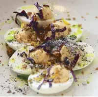  ??  ?? Eggs-citing: Devilled Eggs, Smoked Oil & Ash