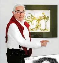  ?? BRANDL ?? Werner Mosing vor einem Werk der aktuellen Ausstellun­g. Unten: Mosing in einer Karikatur von Benedikt Kobel