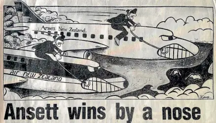  ??  ?? An illustrati­on in the Auckland Star in September 1988, about the race between Air New Zealand and Ansett. Below, the 1950s look for cabin crew.