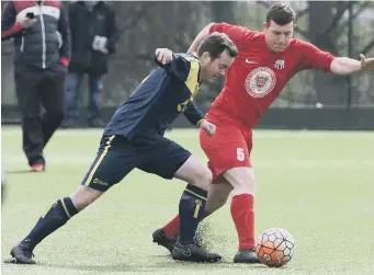  ??  ?? Victoria Gardens (red) battle against Ryhope Foresters last weekend. Pictures by Kevin Brady.