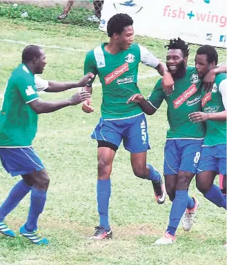  ?? FILE ?? Montego Bay United players celebratin­g a Red Stripe Premier League goal.