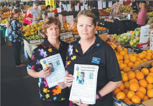  ?? Picture: ANNA ROGERS ?? JOINING CAMPAIGN: Crime Stoppers Committee volunteer Joan Whyte at Wangetti Beach and Crime Stoppers volunteers Debbie Smith and Amanda Stephens at Rusty's Market where they are seeking informatio­n from the public about Toyah Cordingley, who was murdered at Wangetti Beach.