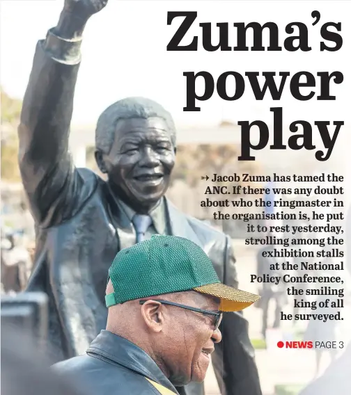  ?? Picture: Yeshiel Panchia ?? ALL SMILES. President Jacob Zuma walks past a statue of Nelson Mandela at the ANC National Policy Conference, which finishes tomorrow at the Nasrec Expo Centre in Soweto.