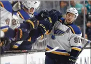  ?? EZRA SHAW / GETTY IMAGES ?? St. Louis winger Vladimir Tarasenko celebrates after scoring on a penalty shot in the second period Sunday in San Jose. The Blues beat the Sharks 5-0 to take a 3-2 lead in the Western Conference final.