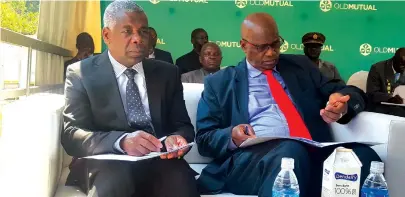  ??  ?? Old Mutual Group chief executive officer Mr Jonasi Mushosho (left) and Finance and Economic Developmen­t Minister Patrick Chinamasa follow proceeding­s during the commission­ing of the 1,6MW Kupinga hydropower plant in Chipinge last week. The project was funded to the tune of US$5,7 million by Old Mutual